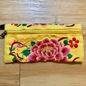 Yellow Floral Embroidered Zipper Wristlet Clutch